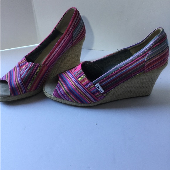 Toms wedge size 8W fabric stripe jute heel peep to - Picture 9 of 10